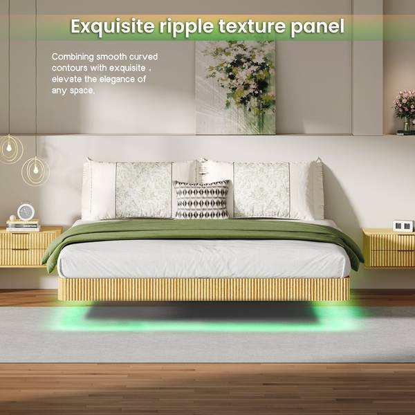Stylish King Floating Bed Frame with LED Lights and ripple texture panel, enhancing bedroom elegance with soft green LED underglow.