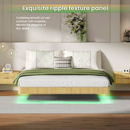 Stylish King Floating Bed Frame with LED Lights and ripple texture panel, enhancing bedroom elegance with soft green LED underglow.