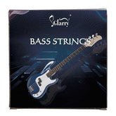 Box of Glarry bass strings with a blue and white bass guitar on a dark background