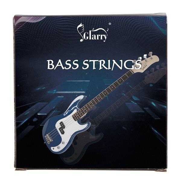Box of Glarry bass strings with a blue and white bass guitar on a dark background