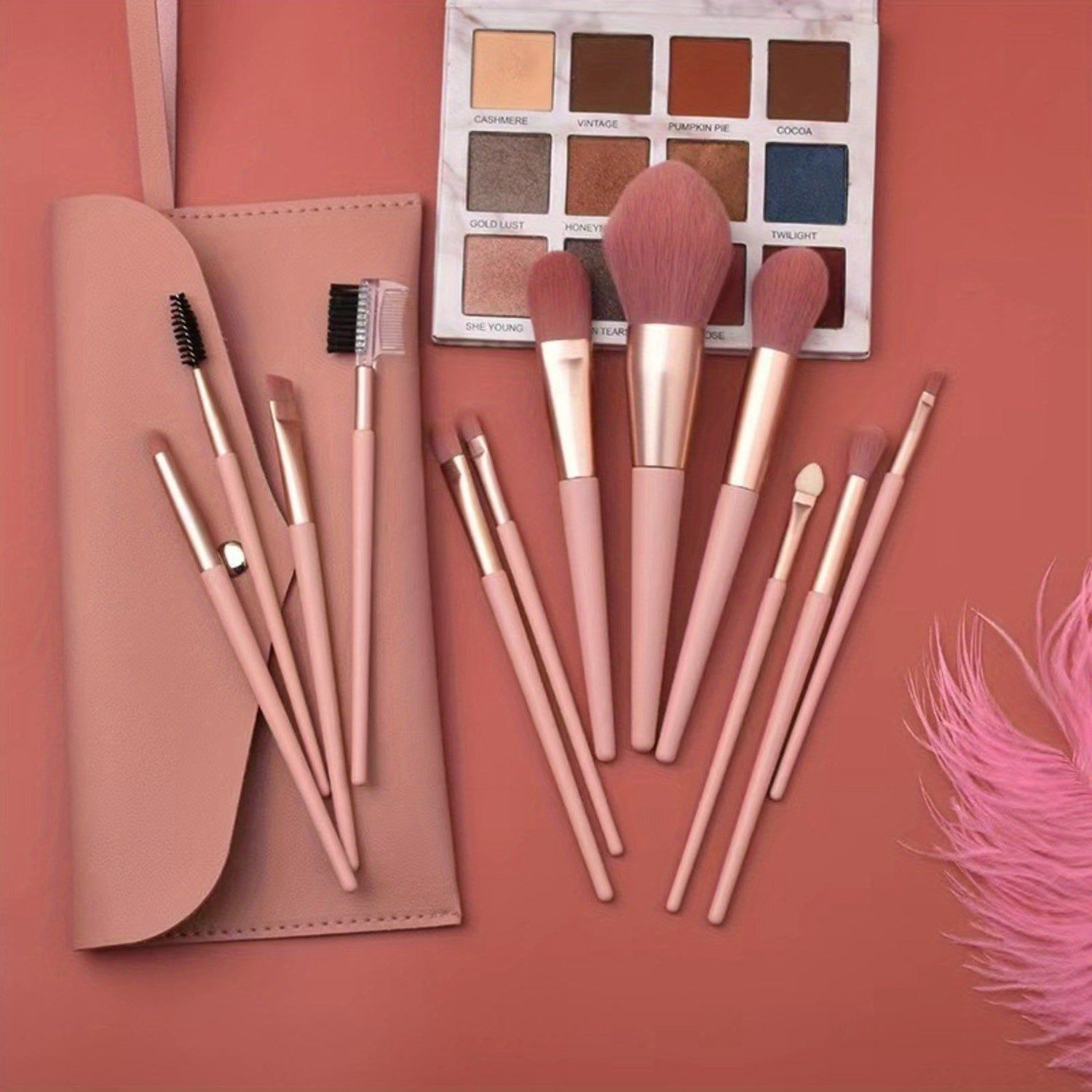 Full beginner makeup brush set with eye tools and pouch, shown with eyeshadow palette for complete beauty routine setup.