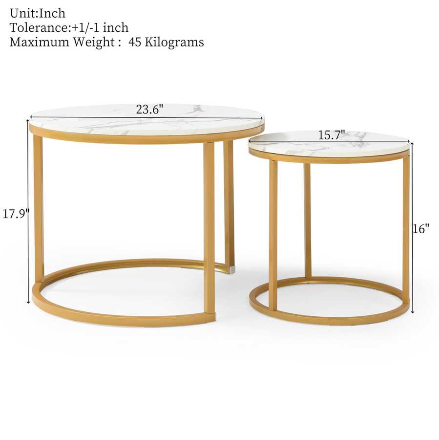 Dimensions of the Nesting Round Coffee Table Set with white gray tops, showing 23.6-inch and 15.7-inch diameters and max weight of 45 kg.