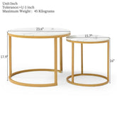 Dimensions of the Nesting Round Coffee Table Set with white gray tops, showing 23.6-inch and 15.7-inch diameters and max weight of 45 kg.