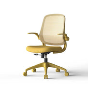 Yellow office chair with mesh back on a white background
