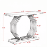 A hand-drawn technical sketch of a hexagonal wooden console table with red dimension lines and measurements labeled in inches on a white background.