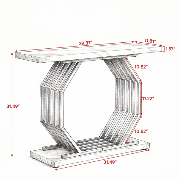A hand-drawn technical sketch of a hexagonal wooden console table with red dimension lines and measurements labeled in inches on a white background.