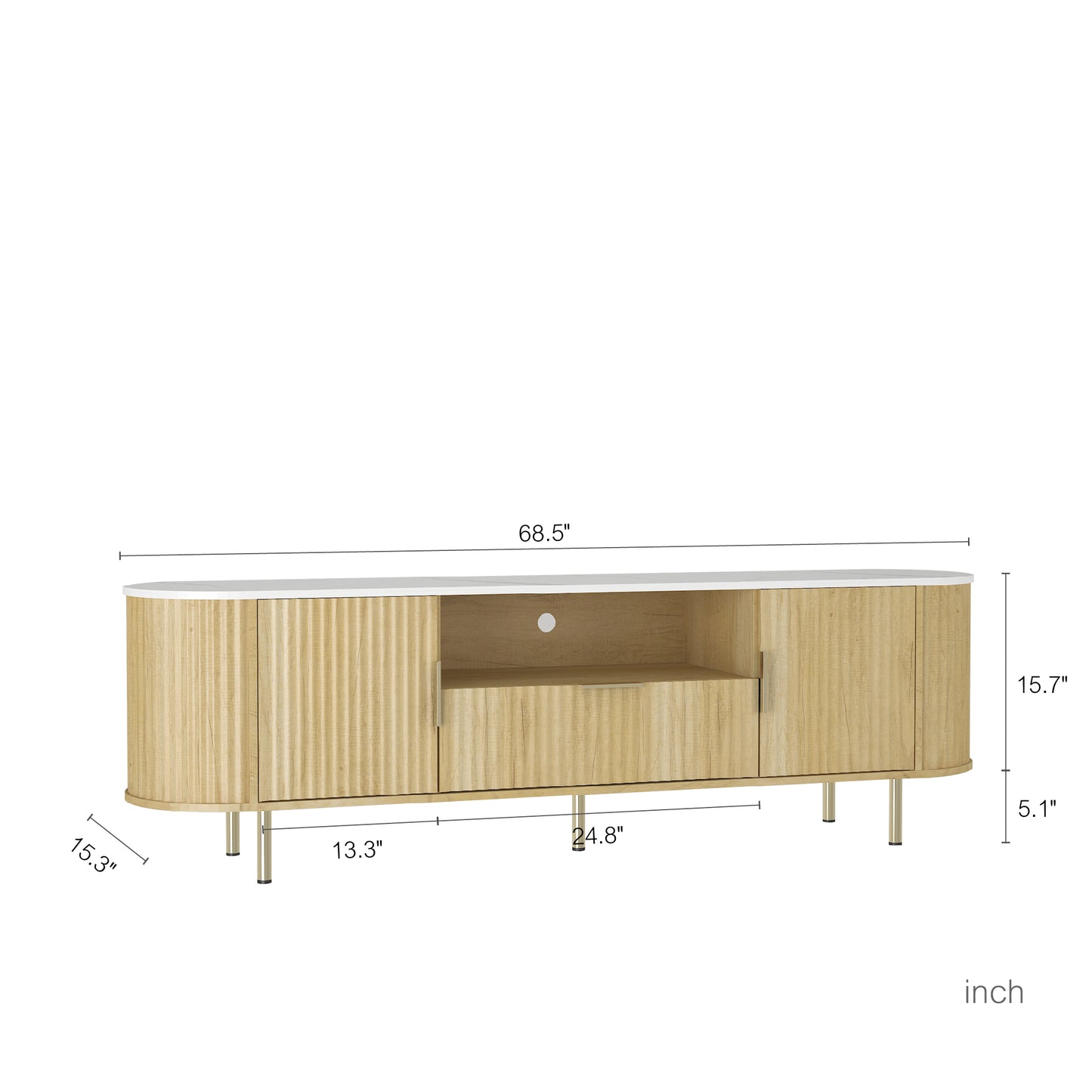 Dimension diagram of LED TV Stand with Storage for 55+ Inch TVs, measuring 68.5 inches wide with detailed height and depth specs.