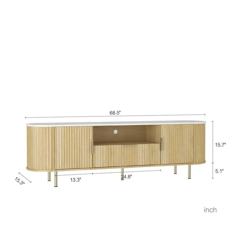 Dimension diagram of LED TV Stand with Storage for 55+ Inch TVs, measuring 68.5 inches wide with detailed height and depth specs.