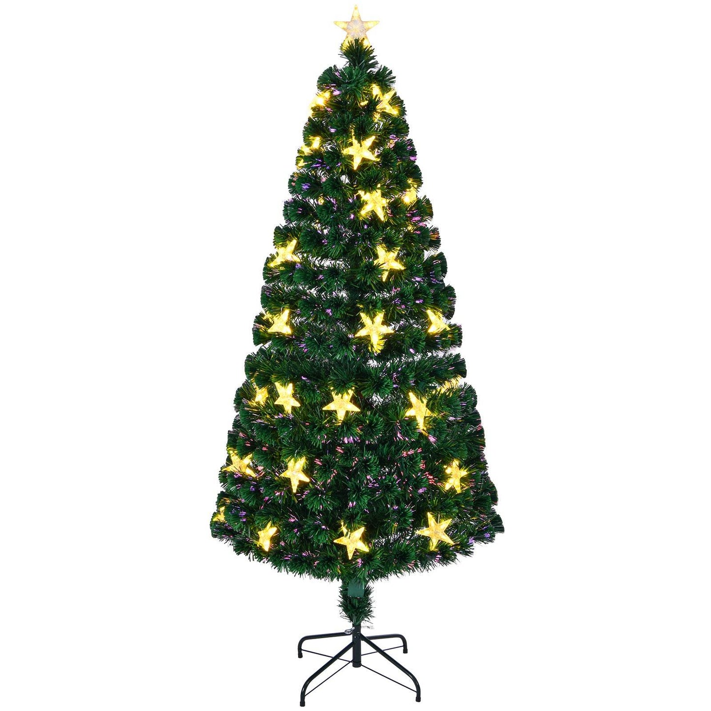 6FT Pre-lit Fiber Optic Christmas Tree with Large Stars, Artificial Christmas Tree Spruce Tree Color Changing Optical Fiber Lights,with Metal Stand,Full Tree for Holiday Decoration
