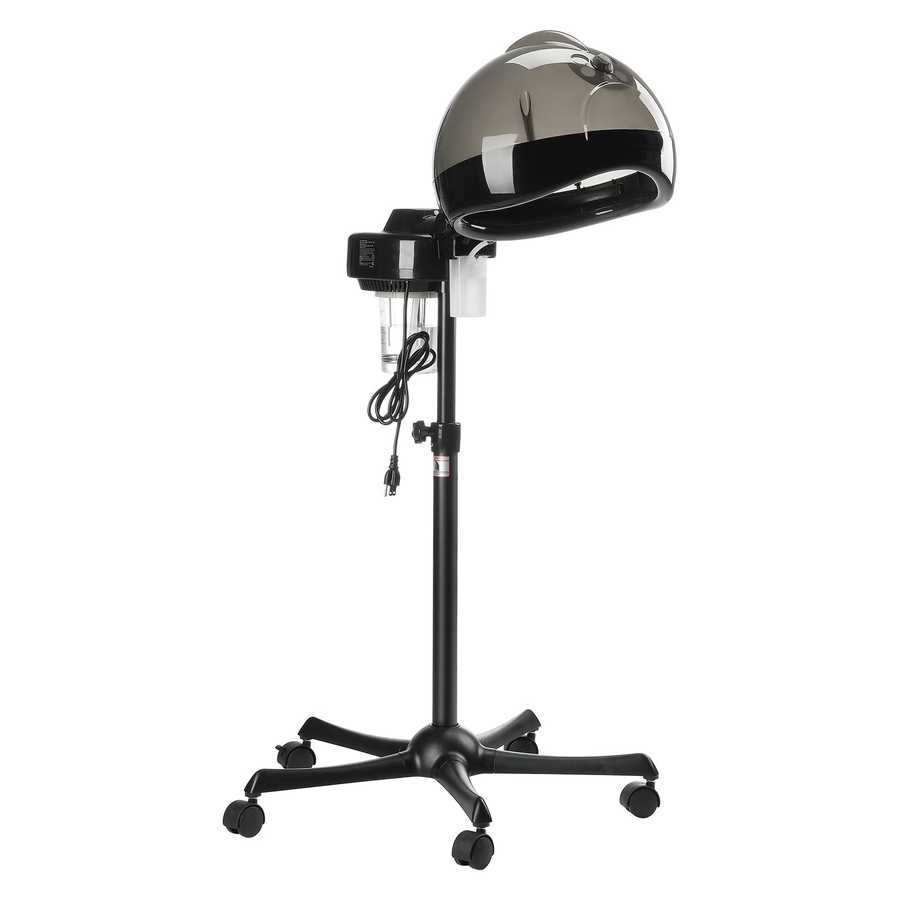 Black professional hooded ionic hair steamer on stand for hydration