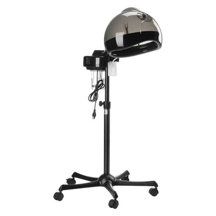 Black professional hooded ionic hair steamer on stand for hydration