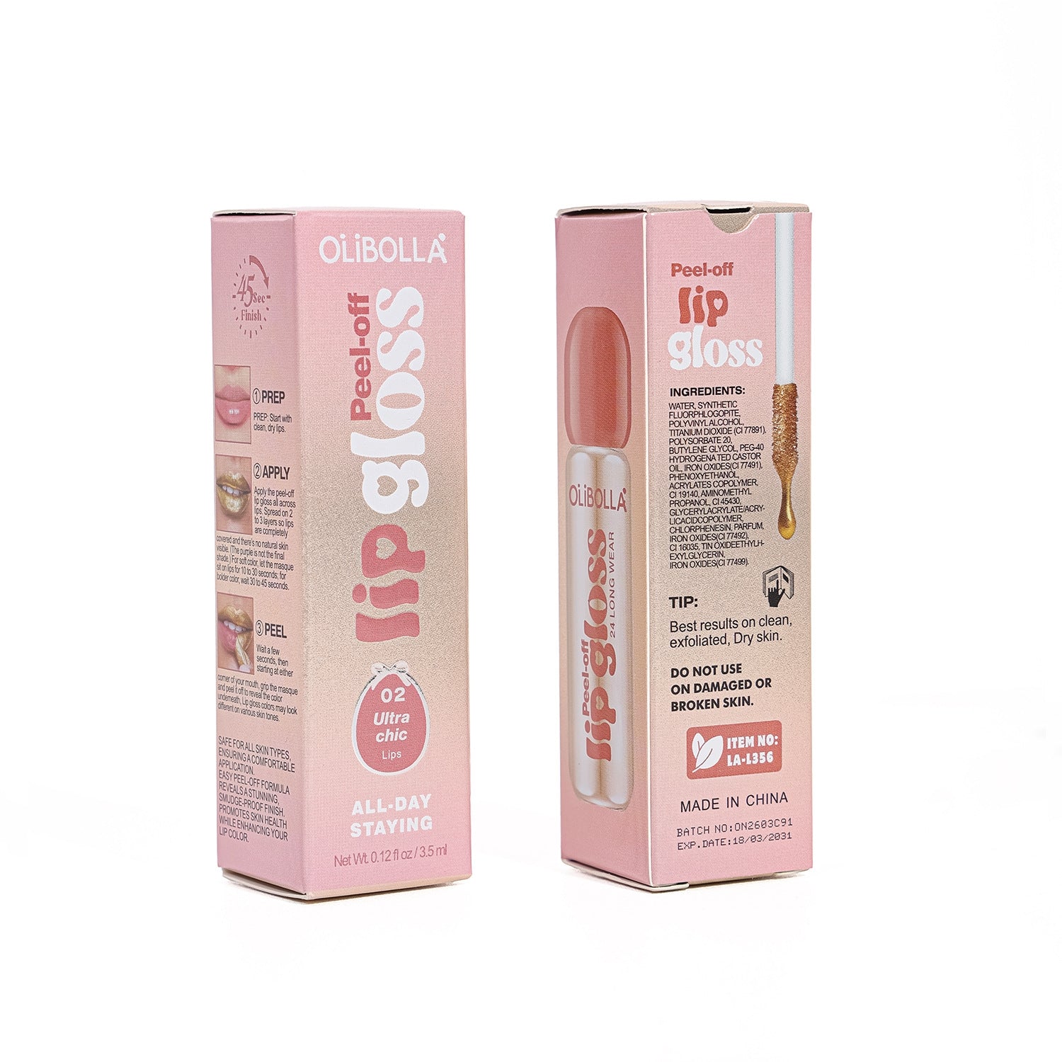 Two pink Olibolla Peel-off Lip Gloss boxes shown on a plain white background, with the product tube partially visible on the front box.
