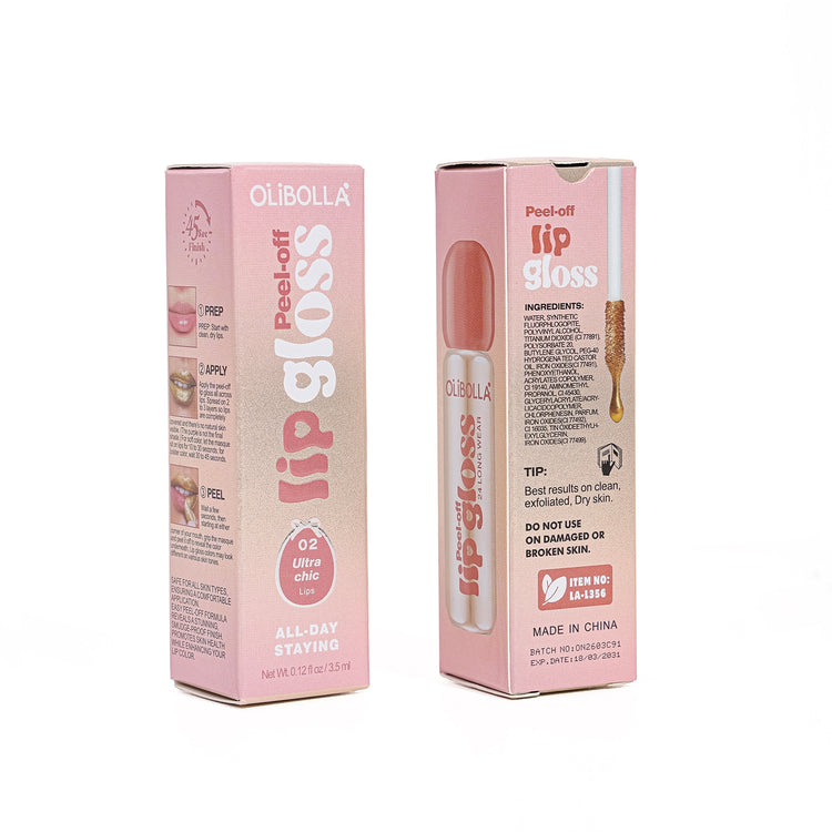 Two pink Olibolla Peel-off Lip Gloss boxes shown on a plain white background, with the product tube partially visible on the front box.