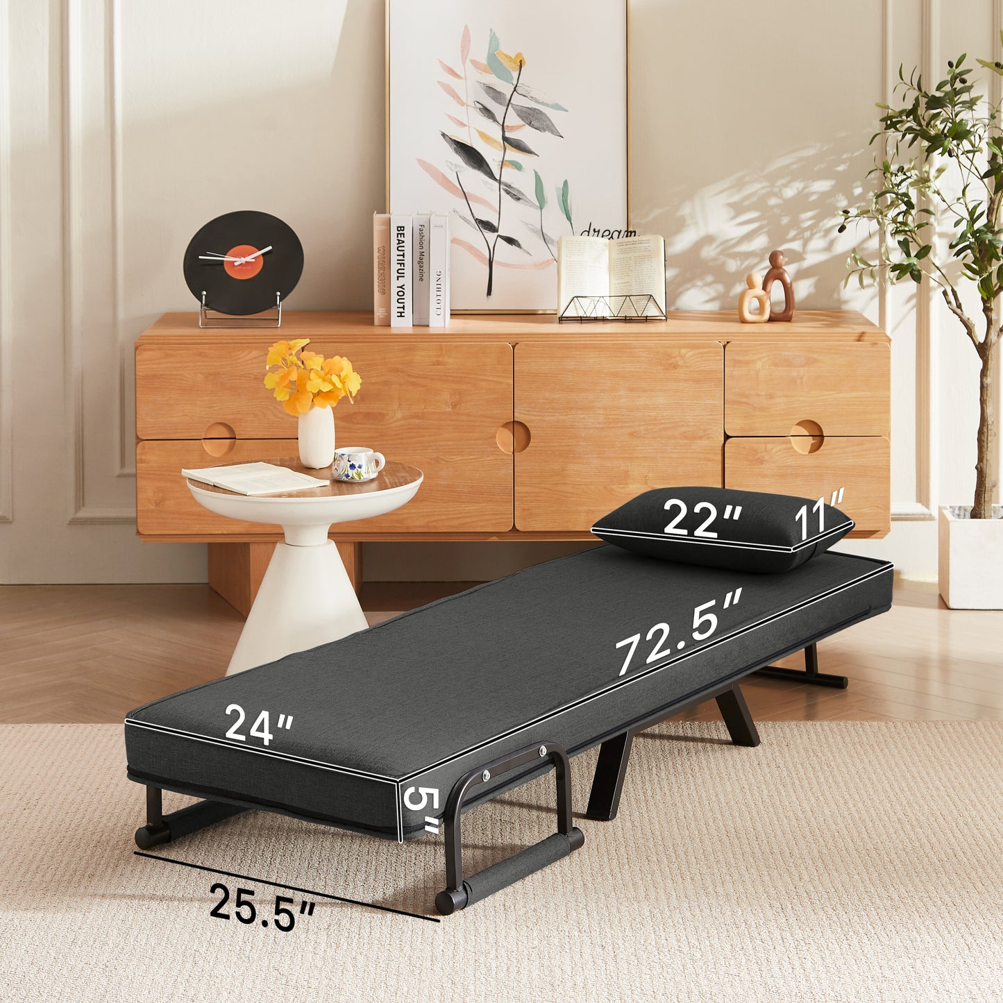 Folding Chair Bed fully extended into a flat bed with detailed measurements, showcasing its versatility and compact design.