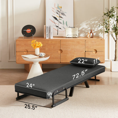 Folding Chair Bed fully extended into a flat bed with detailed measurements, showcasing its versatility and compact design.