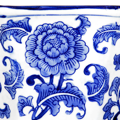 Close-up of Blue and White Decorative Bowl - Porcelain, Elegant Design highlighting the intricate blue floral detailing on white glaze.