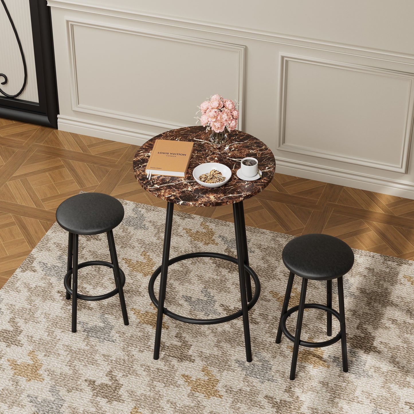 Modern 3-Piece Bar Table Set with 2 Stools in a cozy room setting, showcasing a space-saving design with a marble-look top and sturdy black frame.