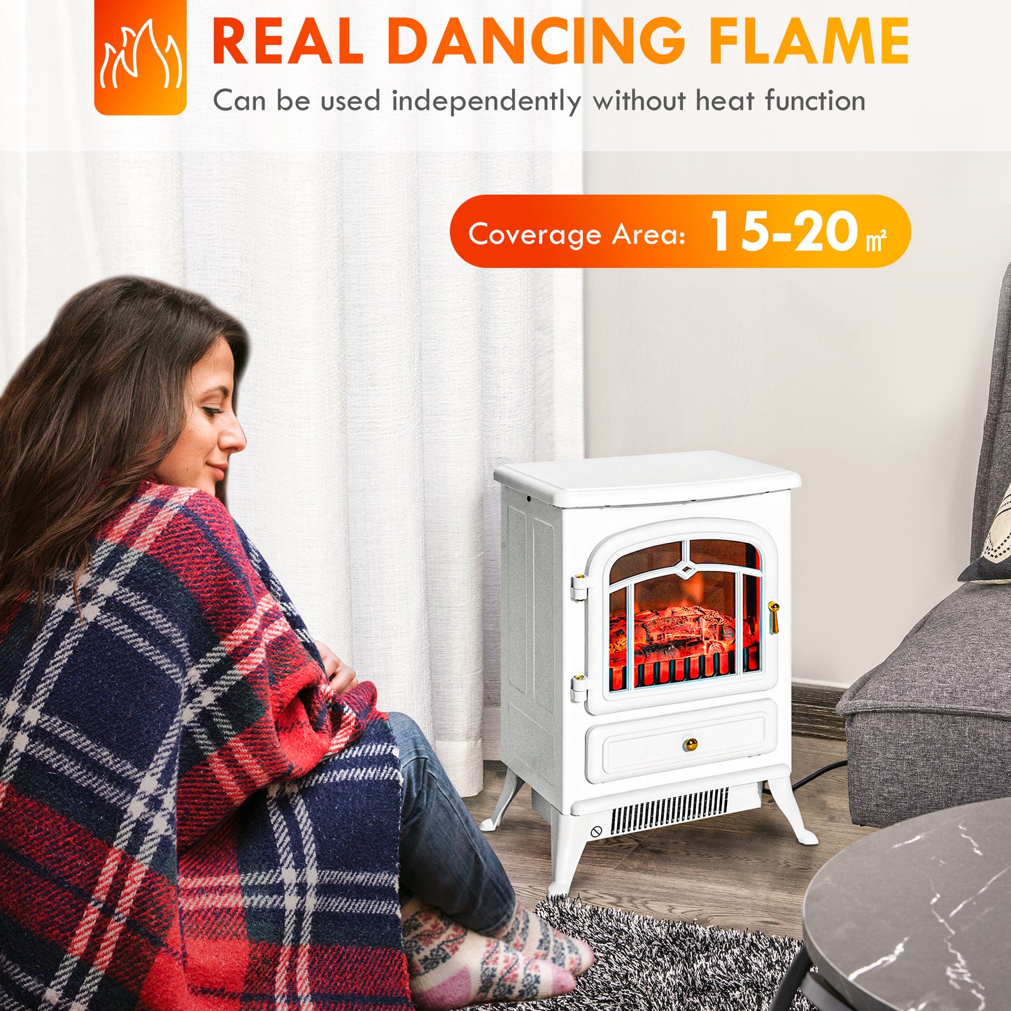 22" Electric Fireplace Heater, Freestanding Fire Place Stove with Realistic LED Flames and Logs, and Overheating Protection, 750W/1500W, White MLNshops]