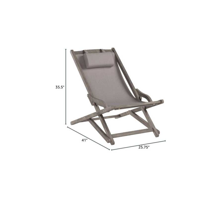 Gray lounge chair with dimensions on a white background