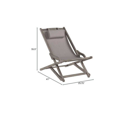 Gray lounge chair with dimensions on a white background