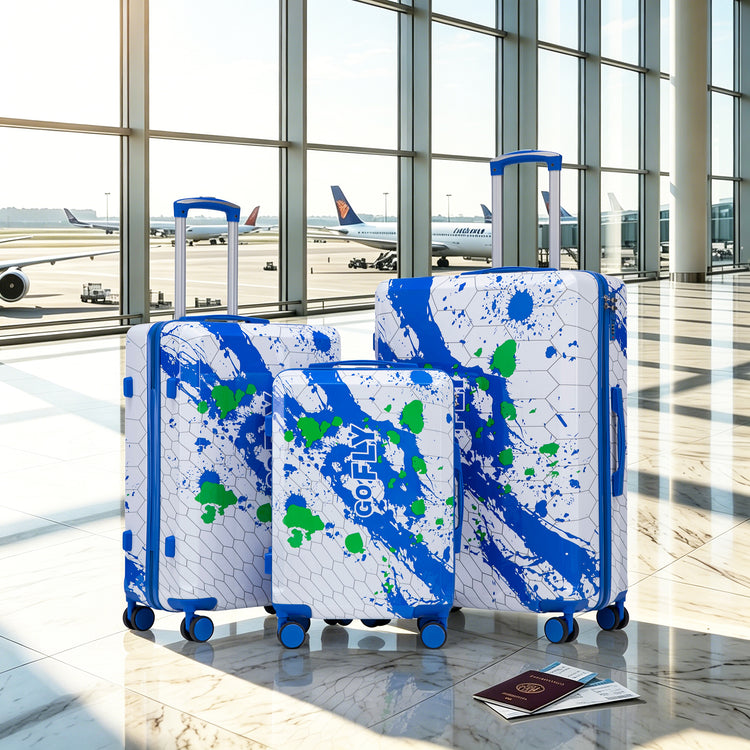 Three suitcases with blue and green abstract design in an airport setting