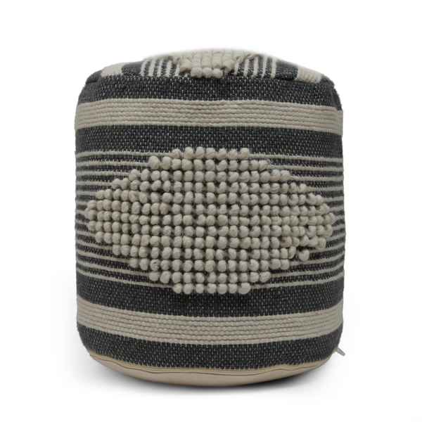 Textured cylindrical pouf with black and gray stripes on a white background