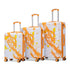 Three suitcases with orange and yellow pattern on a white background