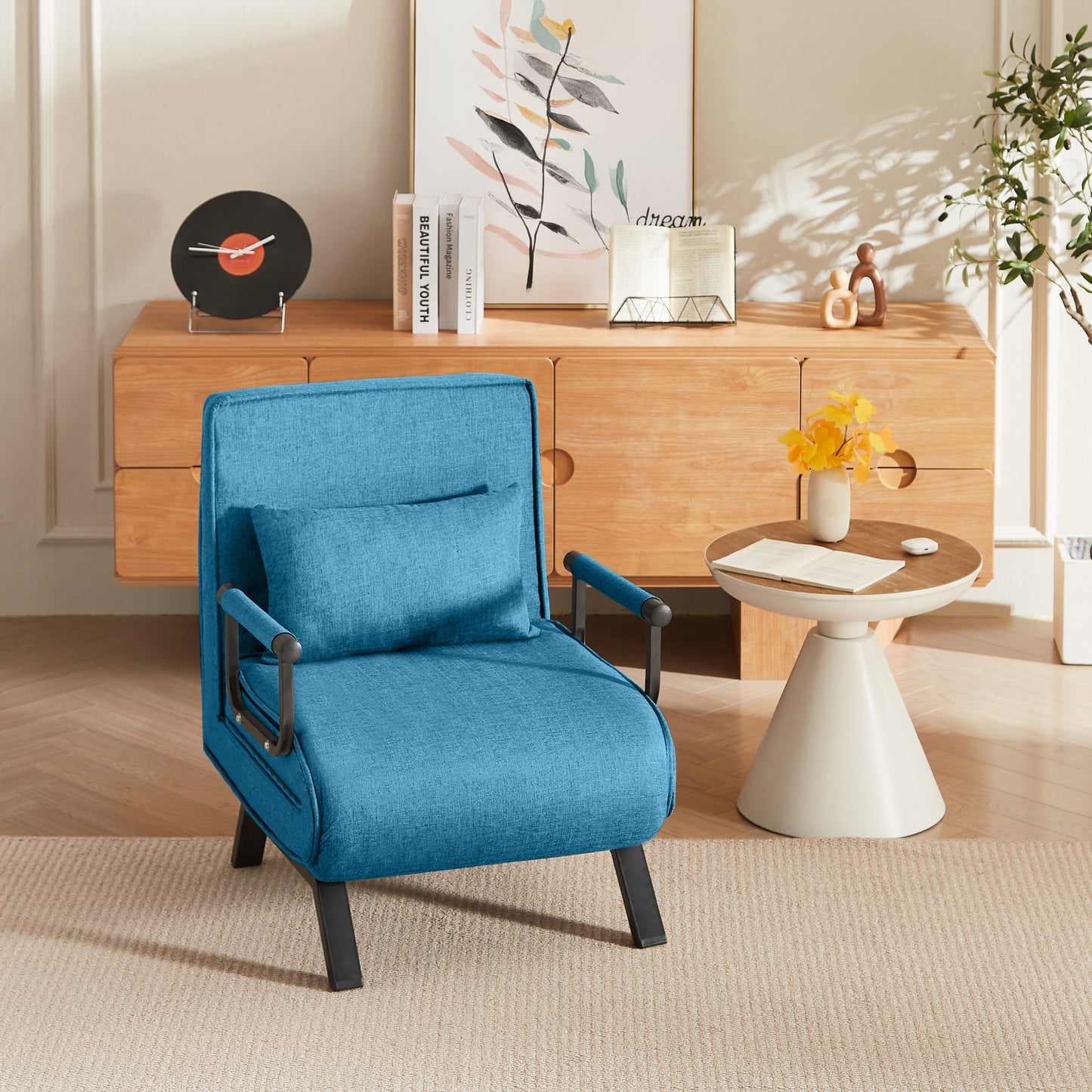 Convertible Folding Chair Bed - Compact & Multi-Functional in chair mode with cushion, ideal for modern small-space furniture solutions.