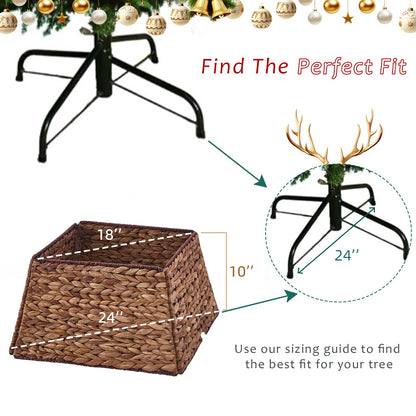 Sizing guide for Stylish Hyacinth Wicker Christmas Tree Skirt showing dimensions and fit for 24-inch tree base, ideal for holiday decor.