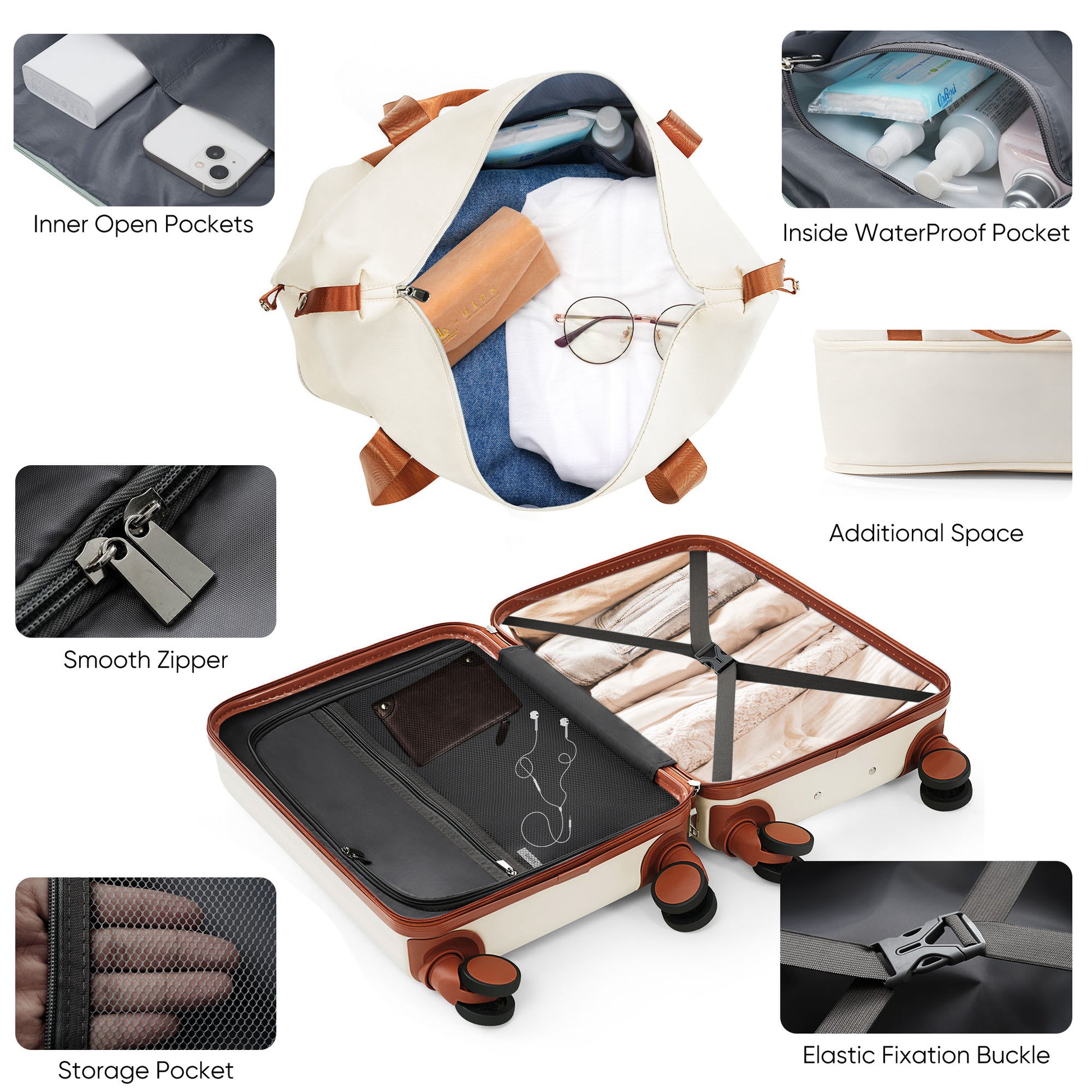 4-Piece Luggage Set with USB Charging Ports - 20in Carry-On (Front-Opening for Laptop) 28in Checked Suitcase with TSA Lock Travel Duffel Bag Wet-Dry Toiletry Bag, ivory and brown