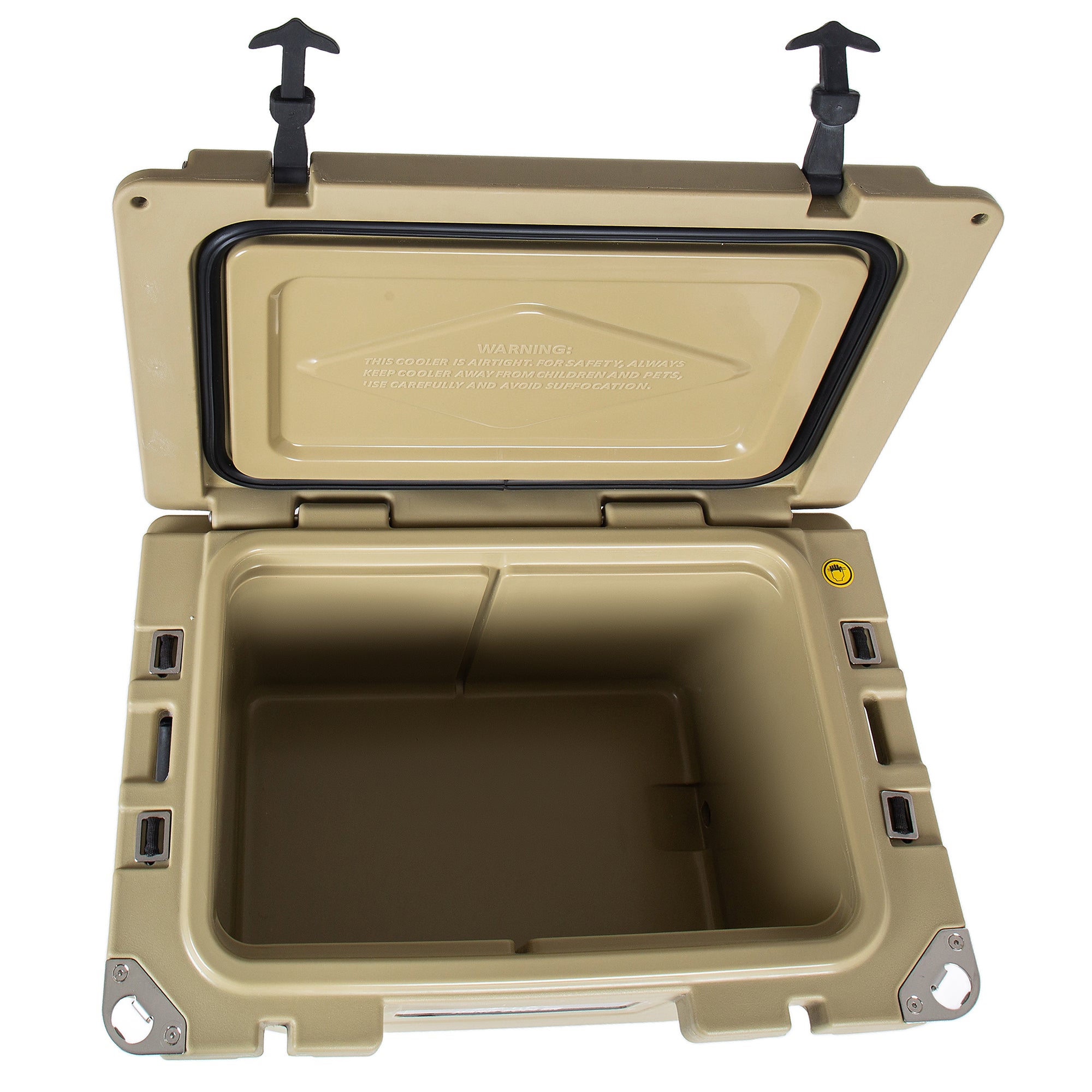 Beige cooler box with open lid on a white background