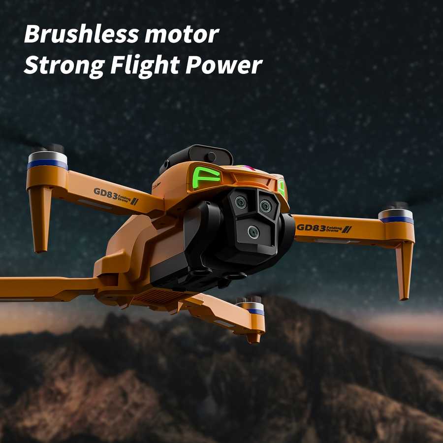 Orange drone with 'GD83' branding against a mountainous background