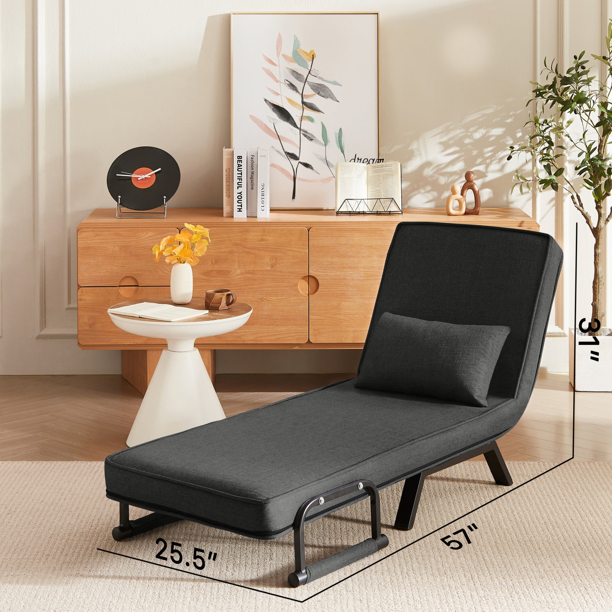 Convertible Sofa Bed Chair in black linen extended into a lounger with 5-position adjustable backrest, ideal for compact spaces.