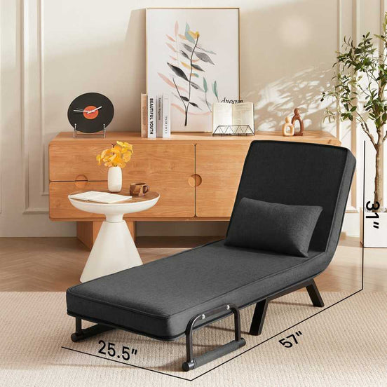 Convertible Sofa Bed Chair in black linen extended into a lounger with 5-position adjustable backrest, ideal for compact spaces.