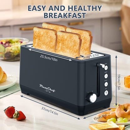 4-Slice Toaster with Warming Rack - 6 Browning Settings | Easy Cleanup, compact design with dimensions labeled, perfect for easy and healthy breakfasts.