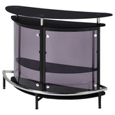 Contemporary black glass top wine bar cabinet with curved smoked glass panels and chrome footrest, perfect for modern interiors.