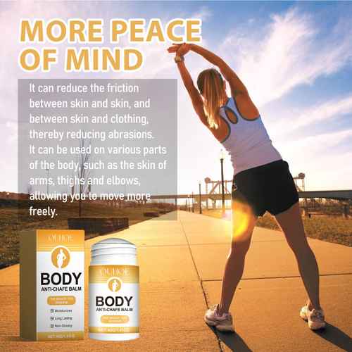 A promotional graphic for Oluho Body Anti-Chafe Balm, showing a woman stretching outdoors at sunset alongside the product box and jar. The image includes descriptive text about reducing friction and abrasions.
