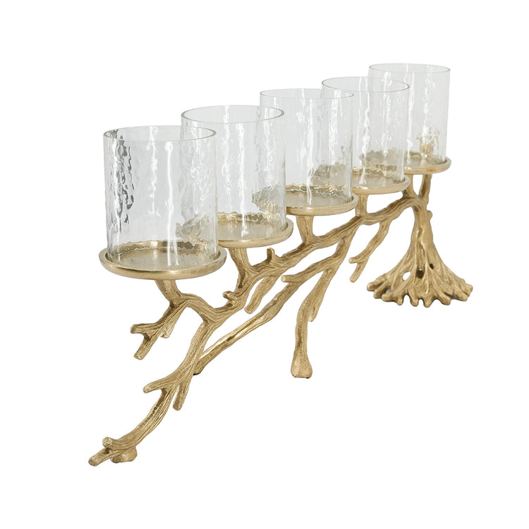 A five-light candle holder with a branch-like gold metal base and clear glass candle sleeves, shown on a plain white background.