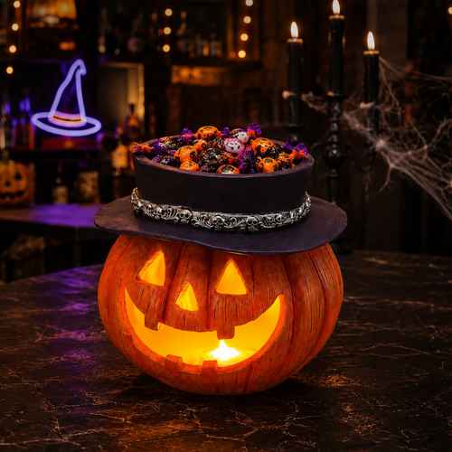 A Halloween-themed decorative cake or planter styled on a dark table, featuring a carved orange pumpkin base with a glowing candle inside and a black witch hat topped with colorful candy and purple flowers. The scene is set in a dimly lit bar or room with candles, cobwebs, and a neon witch hat sign in the background.