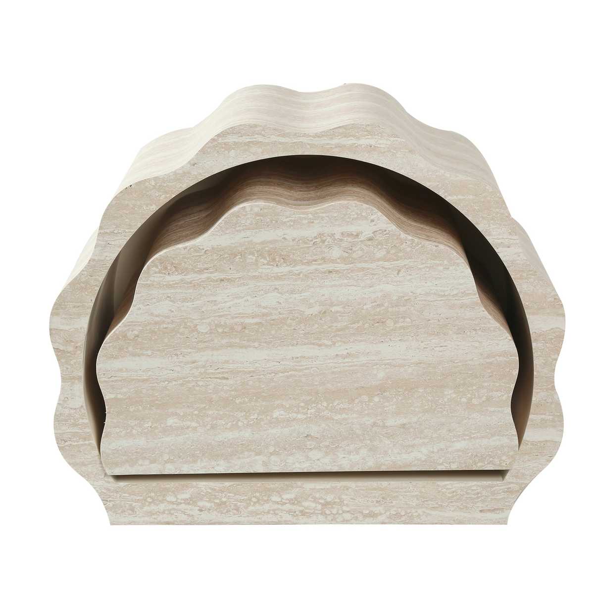 Close-up of beige marble surface with natural veining, showcasing the textured finish and elegant design of the round coffee table, SKU: W3040P510477