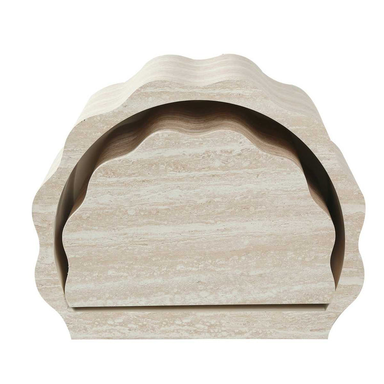 Close-up of beige marble surface with natural veining, showcasing the textured finish and elegant design of the round coffee table, SKU: W3040P510477