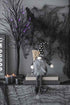 Whimsical Halloween gnome decor with tall black hat, long striped legs, gray beard, and cozy outfit, perfect for seasonal home decoration.