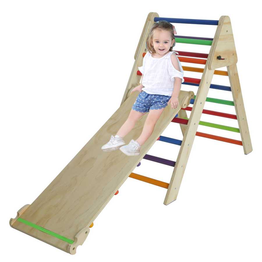 Child on a colorful wooden slide and climbing structure