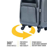 Gray suitcase with 360-degree spinner wheels on a white background