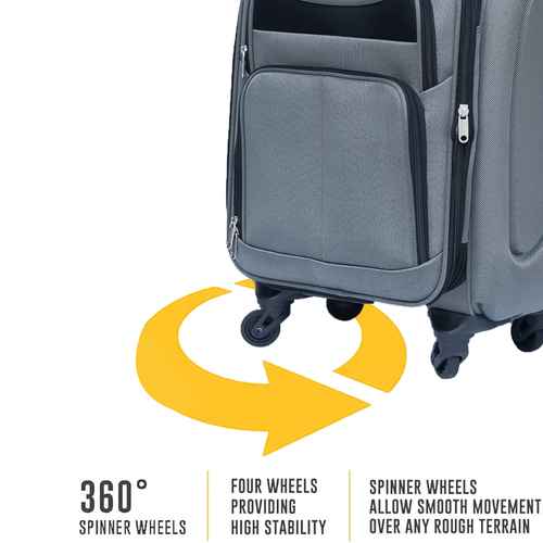 Gray suitcase with 360-degree spinner wheels on a white background