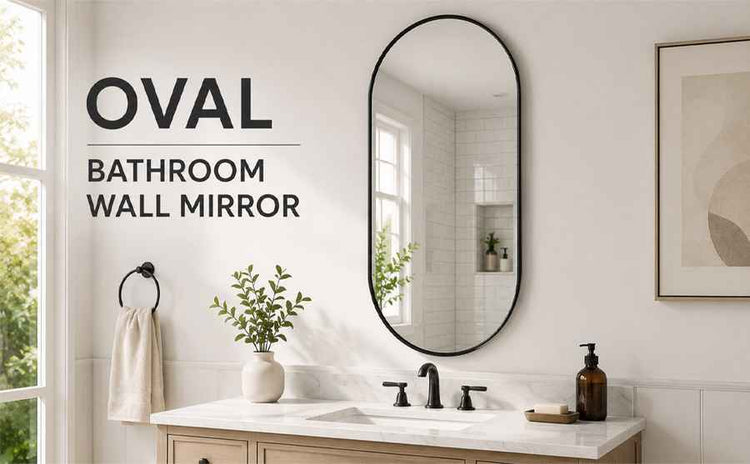 Bathroom with oval wall mirror, sink, and decor elements.