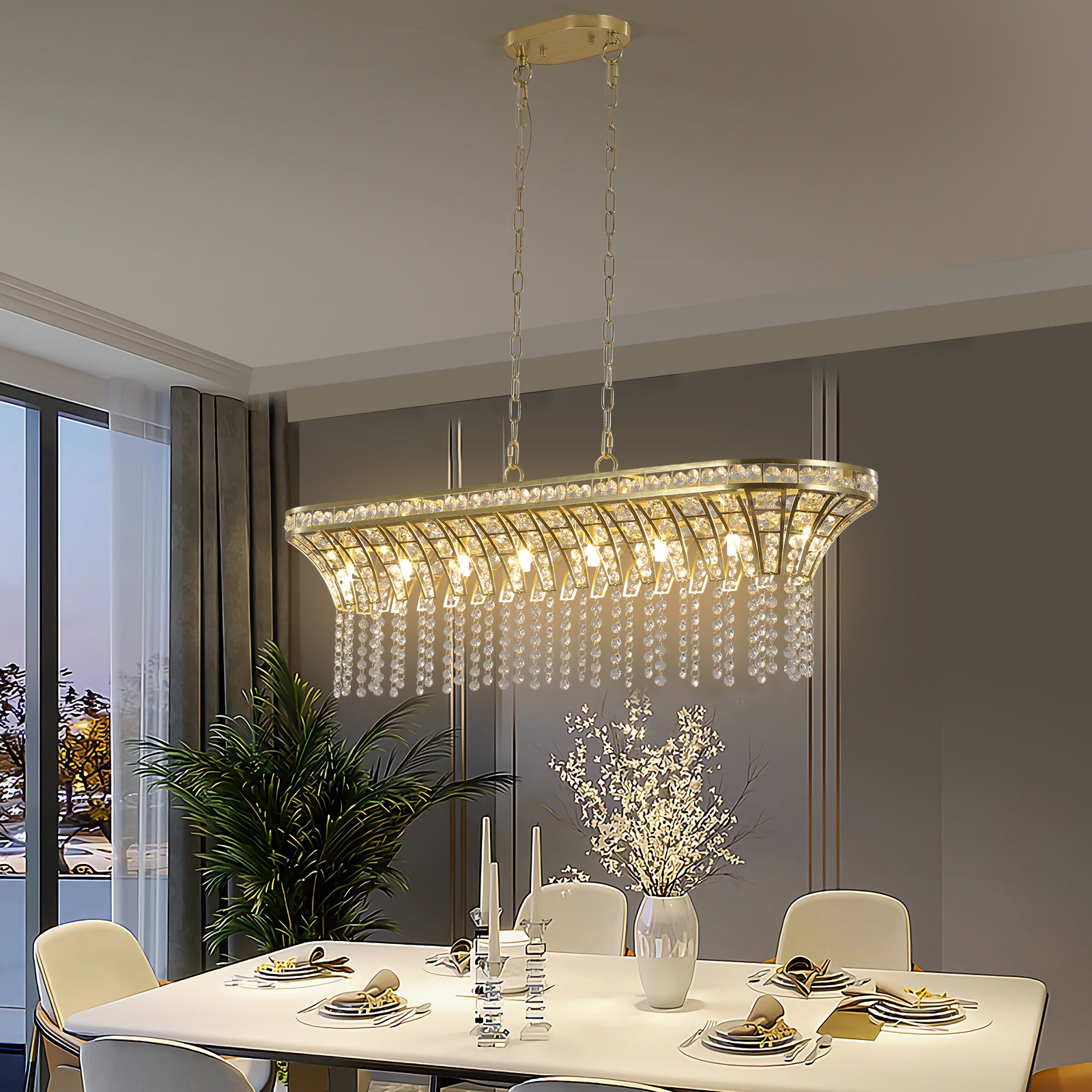 a chandelier hanging over a dining room table