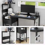 Close-up views of black computer desk with USB ports, power outlet, drawer, and headphone hook in a compact home office.