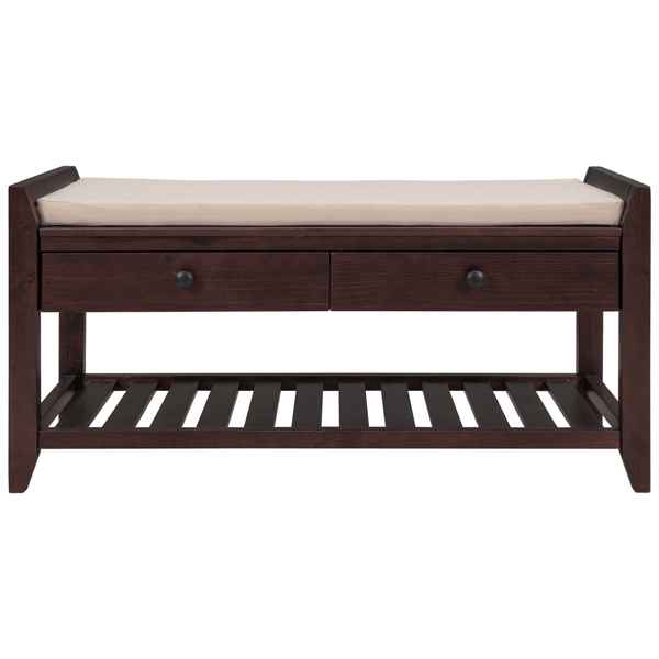 A dark brown wooden bench with a beige cushioned seat, featuring two drawers with round dark knobs and a slatted lower shelf, shown against a plain white background.