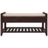 A dark brown wooden bench with a beige cushioned seat, featuring two drawers with round dark knobs and a slatted lower shelf, shown against a plain white background.